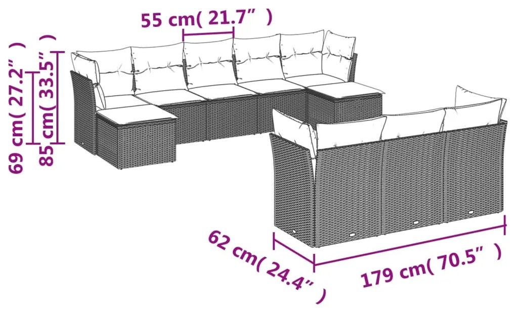 Set divano da giardino 10 pz con cuscini grigio in polyrattan