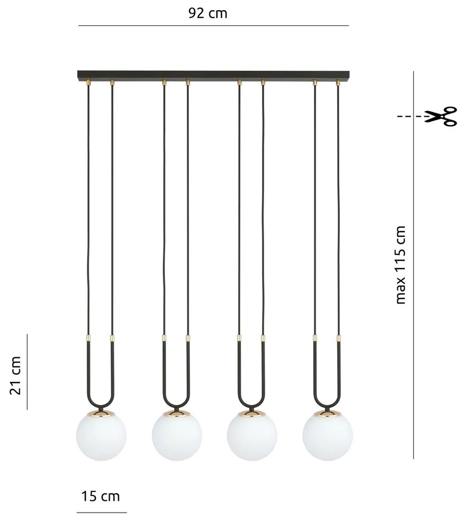Lampadario a Sospensione in Acciaio e Vetro GLAM 4 Nero 4xE14