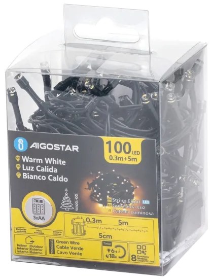 Aigostar - Catena luminosa natalizia LED da esterno, 100 LED, 8 funzioni, alimentazione 3×AA, 5,3 m, IP44, bianco caldo
