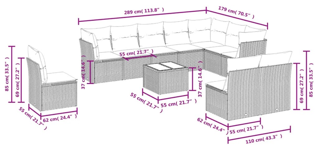 Set Divani da Giardino 11 pz con Cuscini Beige in Polyrattan