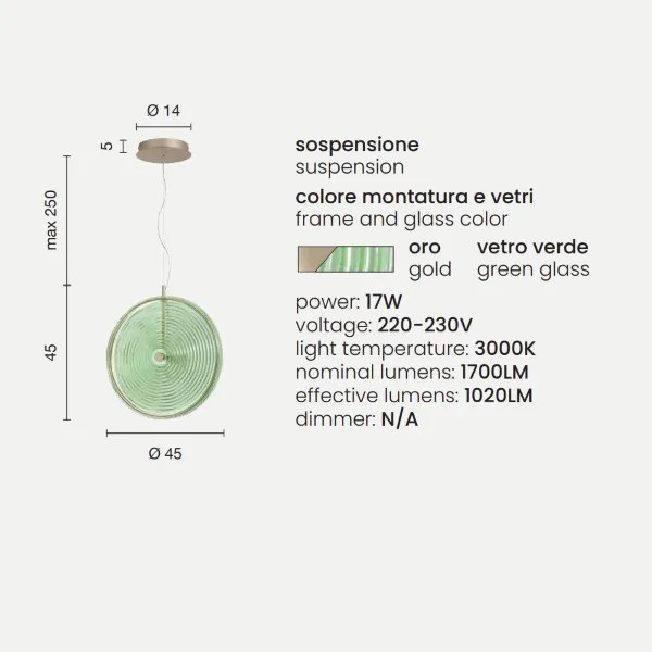 Lampada a sospensione LED JOKEY in metallo e vetro decorato VERDE 45 cm