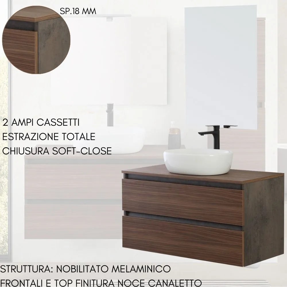 Mobile Bagno Sospeso con Lavabo da Appoggio e Specchio 2 Cassetti Salvaspazio in Legno cm 100 – Noce Canaletto