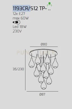 Sosp. cromo 12 luci tonda vetri piccoli (3xam+3xbr+3xfu+3xtr) 1193c...