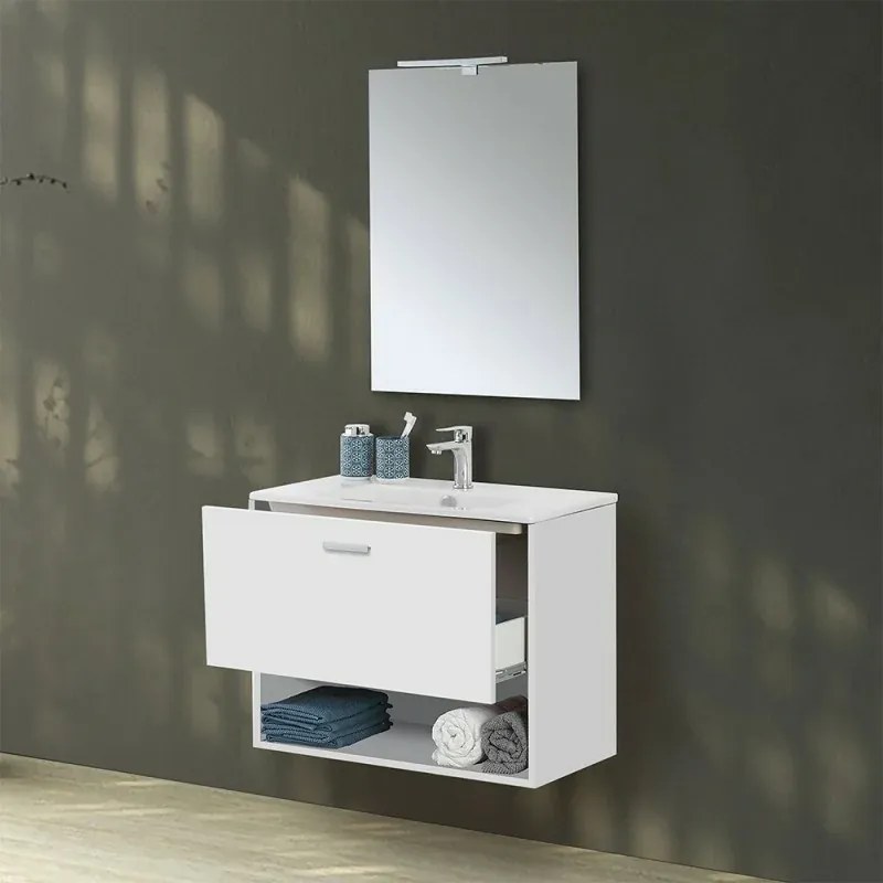 Mobile bagno sospeso 80 bianco con lavabo e specchio LED Martha