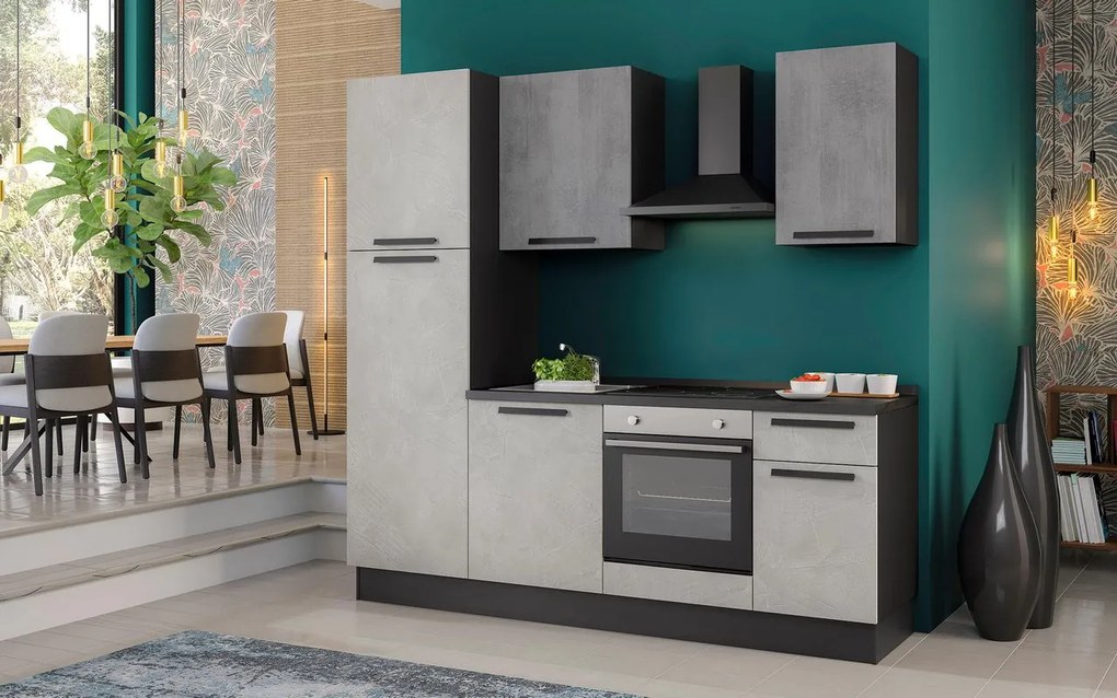 Cucina montata Dora bianco e grigio chiaro, lavello a destra, L.225 cm, completa di: cappa a camino, piano cottura a induzione, forno e frigorifero