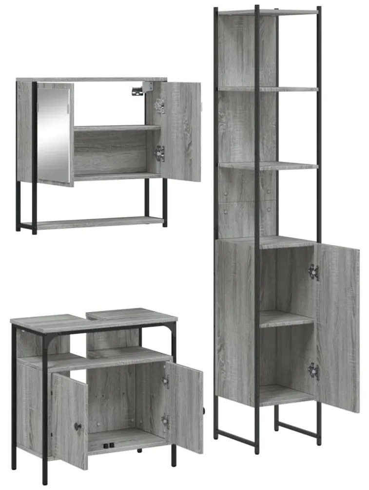 Set mobili da bagno 3 pz grigio sonoma in legno multistrato