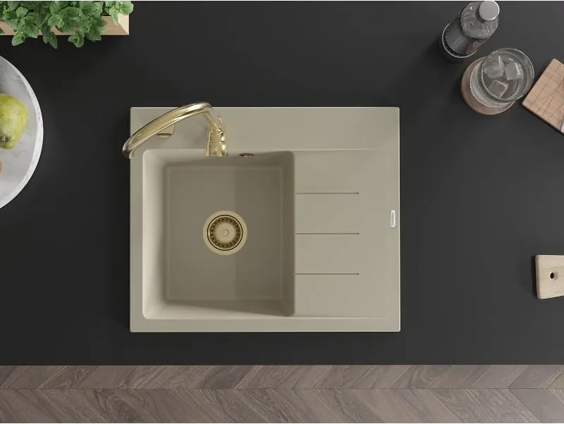 Mexen Ben Lavello in granito 1 vasca con sgocciolatoio, sinistro 600 x 500 mm, beige, sifone dorato - 6522605000-69-G