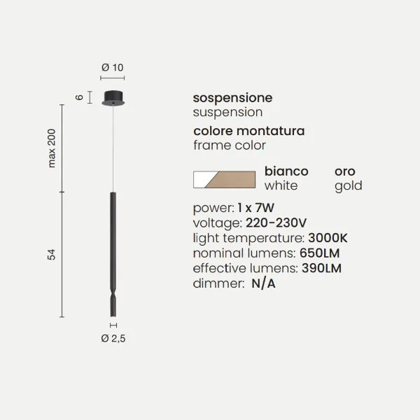 Lampada a sospensione LED in metallo verniciato Bianco e Oro D10 cm TUBIC