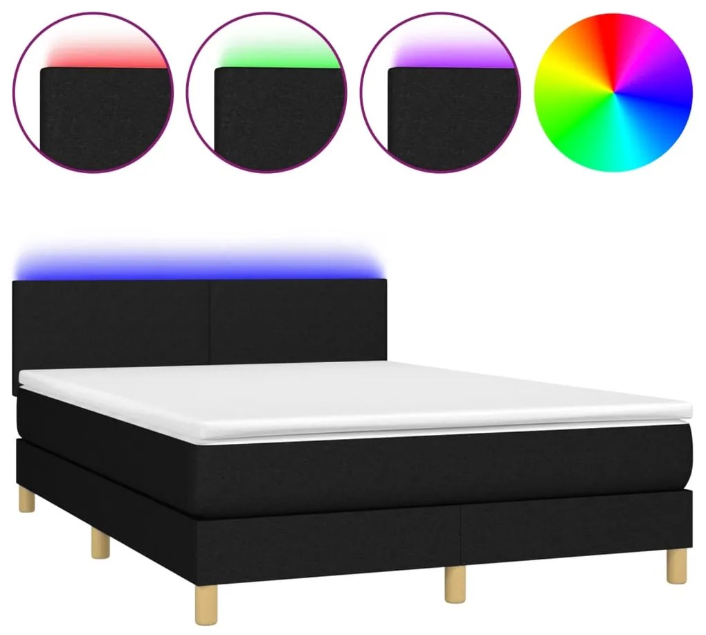 Letto a Molle con Materasso e LED Nero 140x200 cm in Tessuto