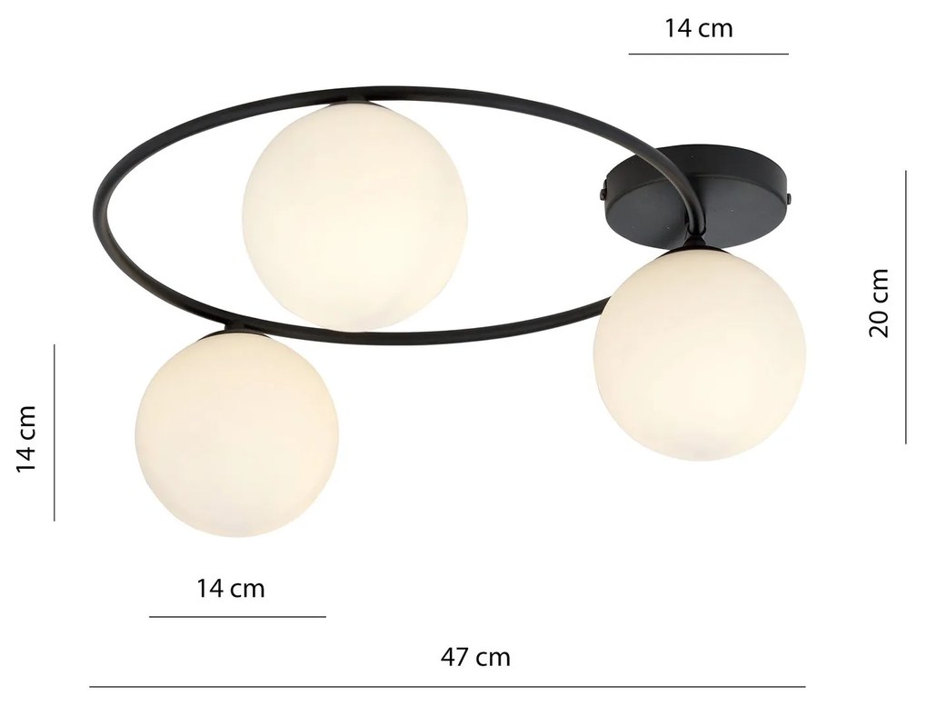 Plafoniera Minimal 3 Luci Sopra In Acciaio Nero E Sfere In Vetro Bianco