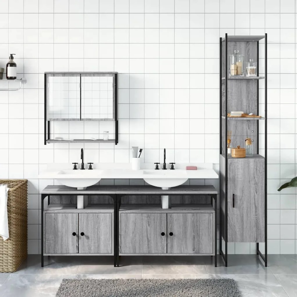 Set mobili da bagno 4 pz grigio sonoma in legno multistrato