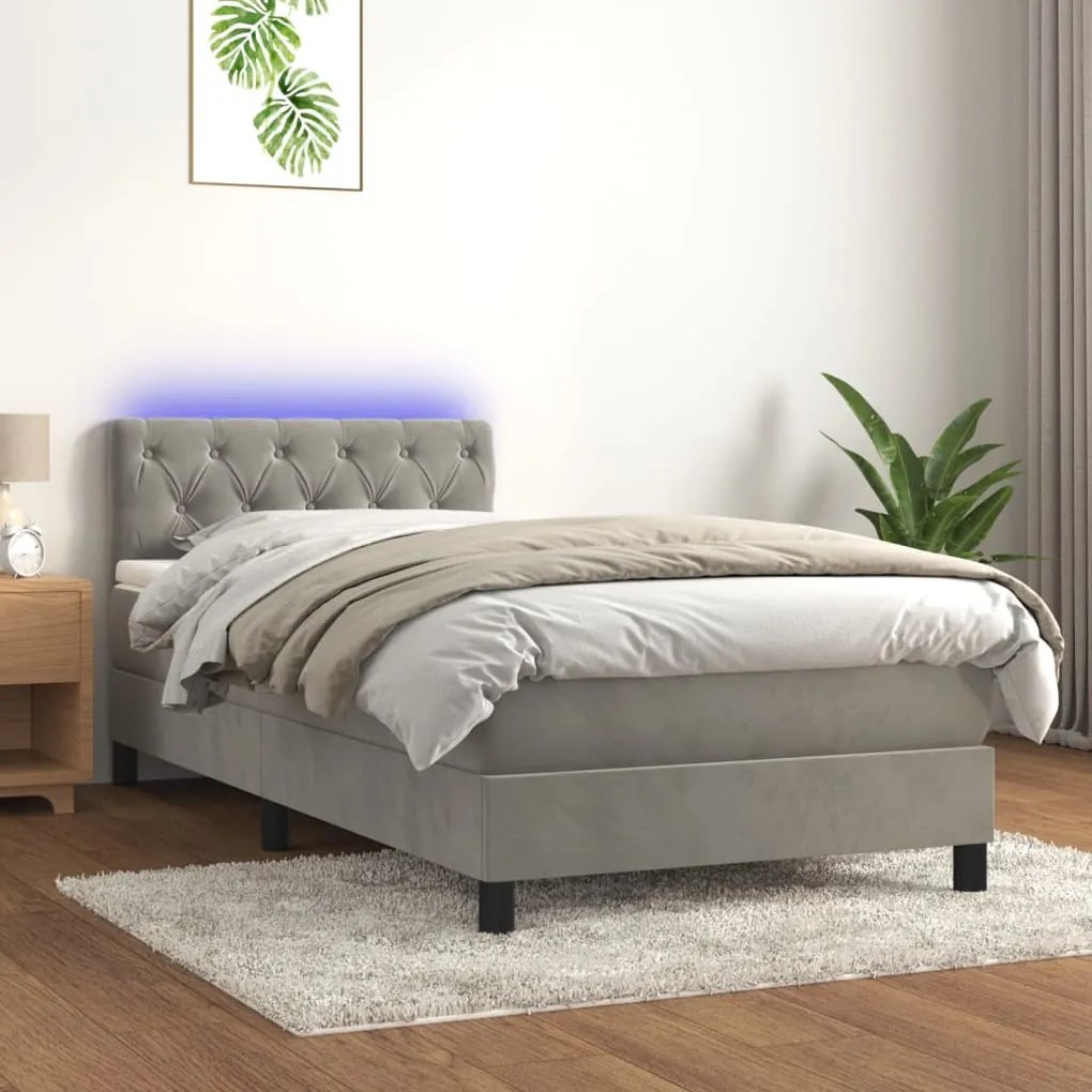 Letto a molle materasso e led grigio chiaro 80x200 cm velluto