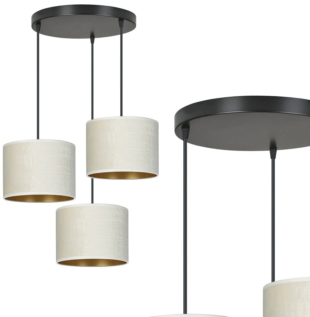 Lampadario Tondo 3 Luci Ganesha In Acciaio Nero E Paralumi In Tessuto Beige