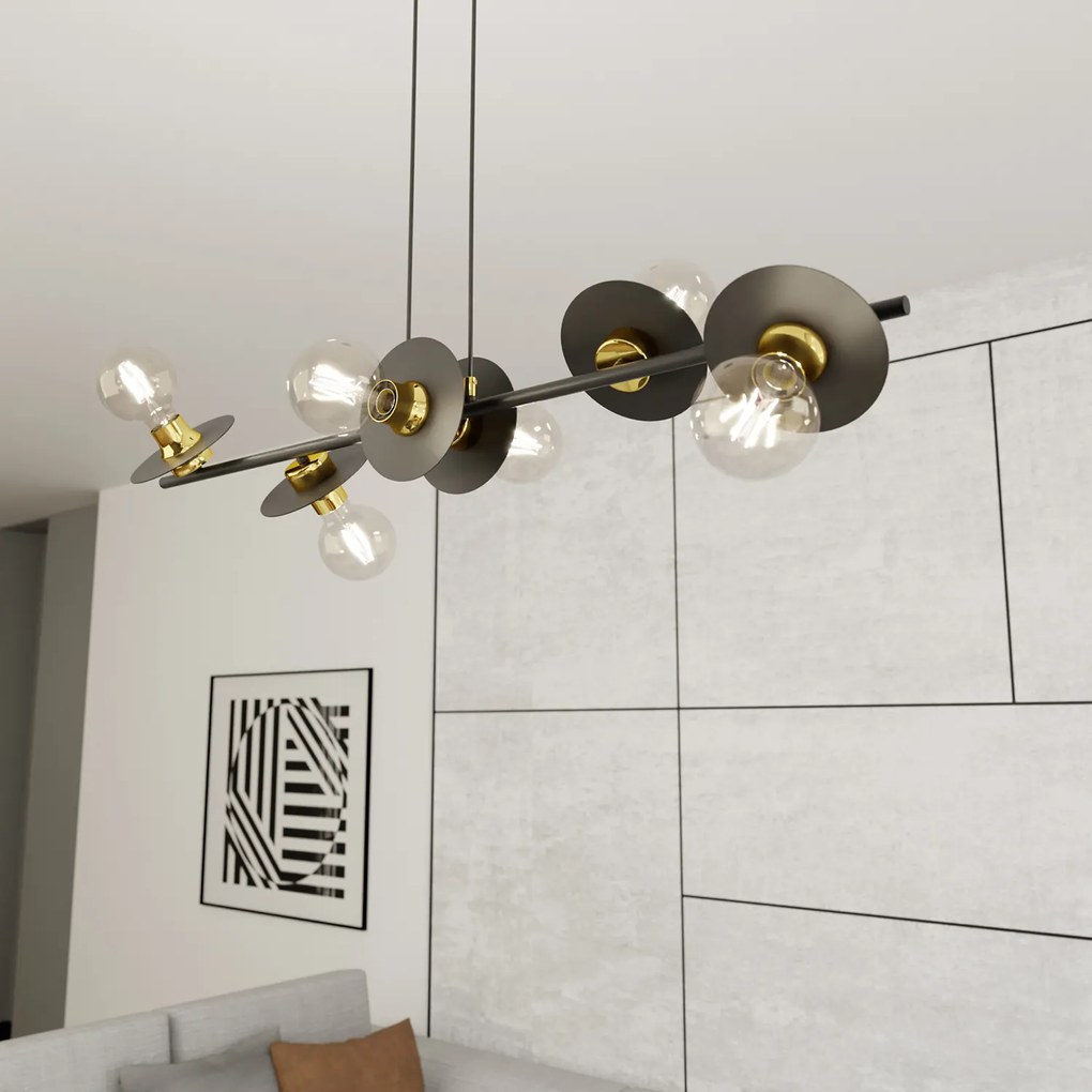 Lampadario 6 Luci Eos In Acciaio Nero E Oro Con Barra E Diffusori A Piatti