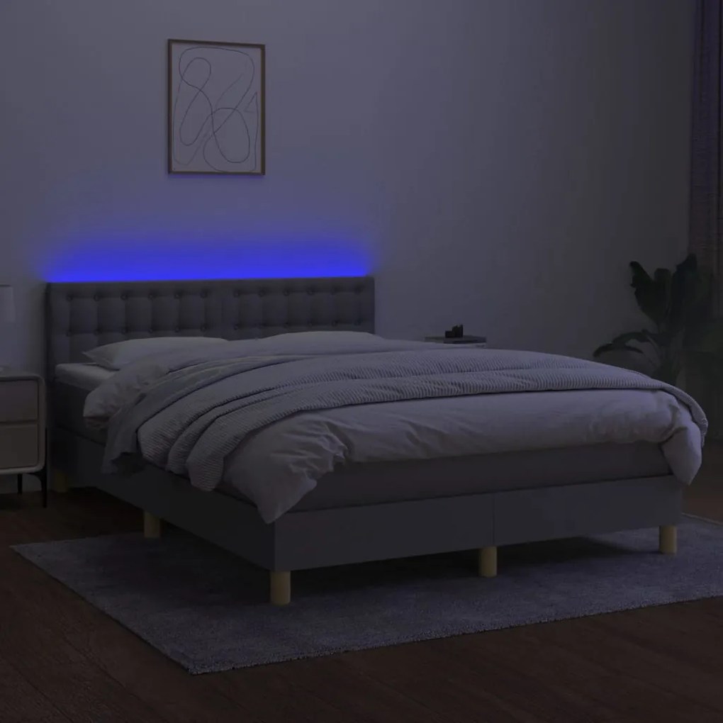 Letto a molle materasso e led grigio chiaro 140x200 cm tessuto