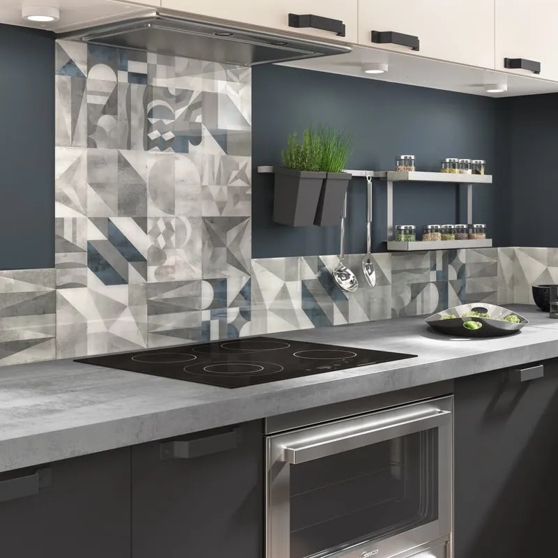 Pannello decorativo della cucina vetro Picasso bianco, grigio e blu L120 cm x H20 cm