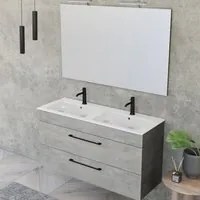 Composizione bagno sospesa Smack a 2 cassetti 118x62 con doppio lavabo, specchio con lampada LED cement wood e cemento