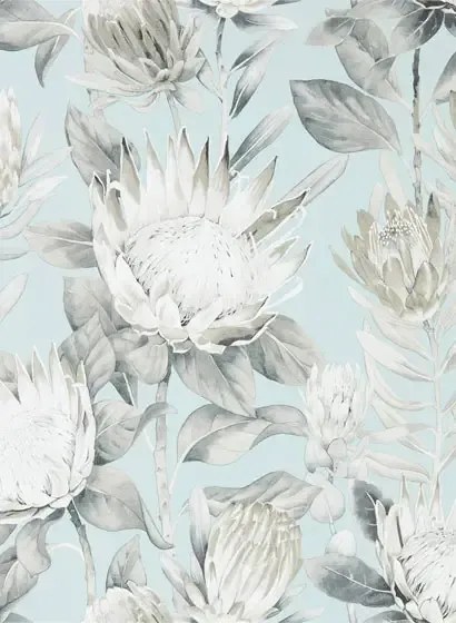 Blumen Tapete King Protea von Sanderson - Aqua/ Linen