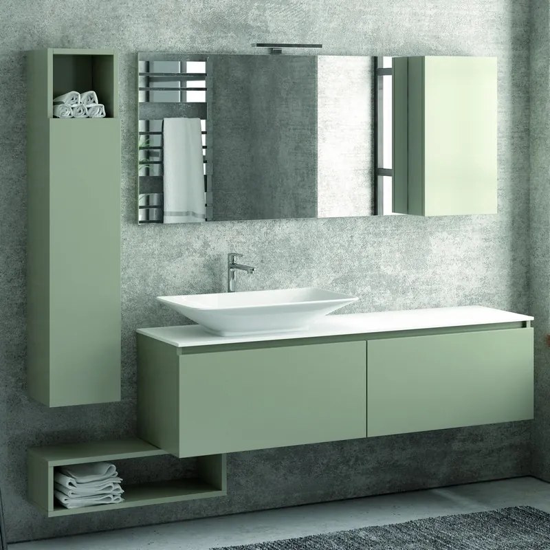 Composizione bagno 155cm sospesa, composta da mobile, specchio, colonna e pensile SP-155A - KAMALU