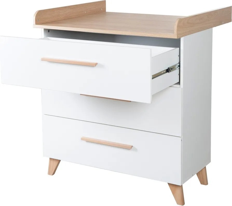 Cassettiera per bambini bianca con effetto rovere con fasciatoio 88,5x99x76 cm Léon – Roba
