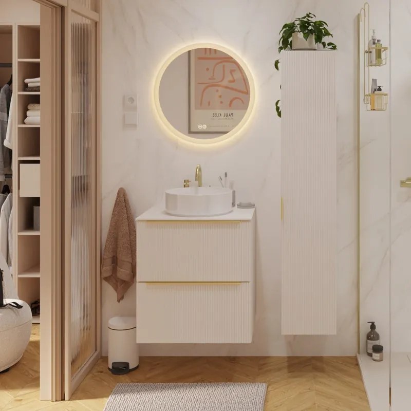 Mobile bagno sospeso Neo Groove L 61 x H 68 x P 49 cm, 2 cassetti con maniglia champagne, top e lavabo da appoggio Studio in ceramica bianco opaco inclusi, lino cannettato
