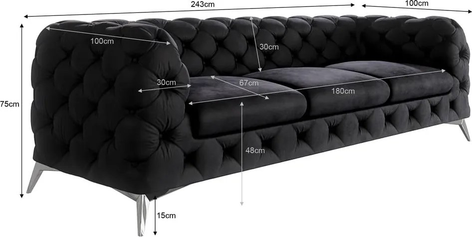Divano nero con rivestimento in velluto 243 cm Chelsea – Ropez