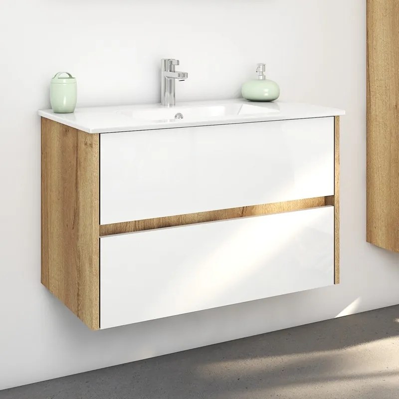 Kamalu - Mobile bagno sospeso 80 cm bicolore rovere naturale e bianco | LAC-AMFI-80