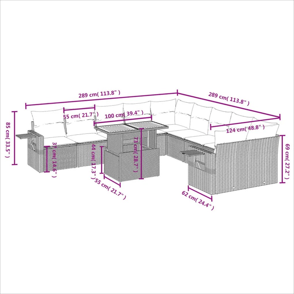 Set Divani da Giardino 11 pz con Cuscini in Polyrattan Nero