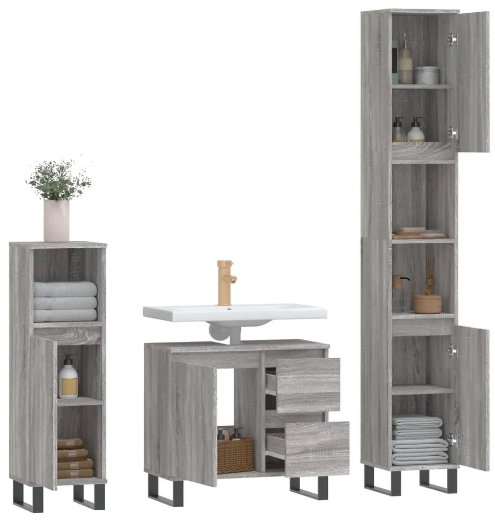 Set mobili da bagno 3 pz grigio sonoma in legno multistrato