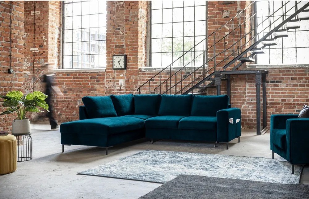 Divano letto angolare in velluto turchese (angolo sinistro) Lofty Lilly - Miuform