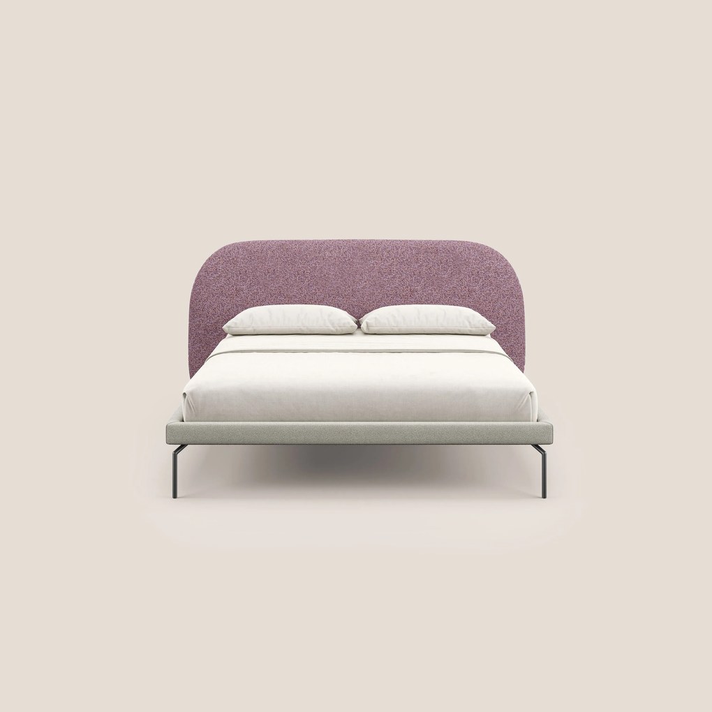 Soleil letto imbottito di design con piedi alti in metallo in bouclet smacchiabile T12 viola