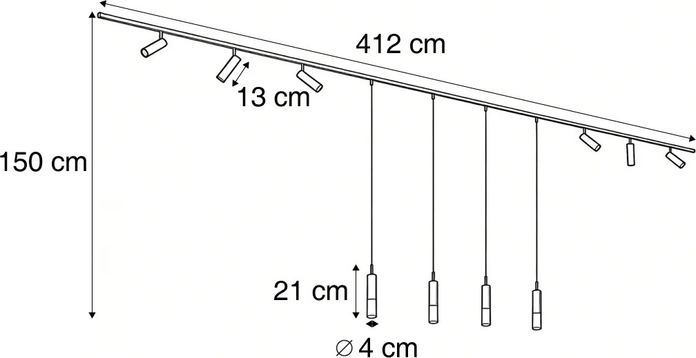 Sistema di illuminazione a binario moderno nero con 6 faretti e 4 luci a sospensione monofase - Slimline Uzzy Loyce