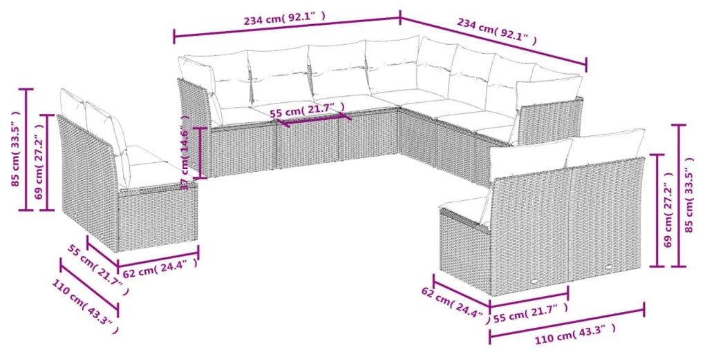 Set divani da giardino 11 pz con cuscini in polyrattan nero