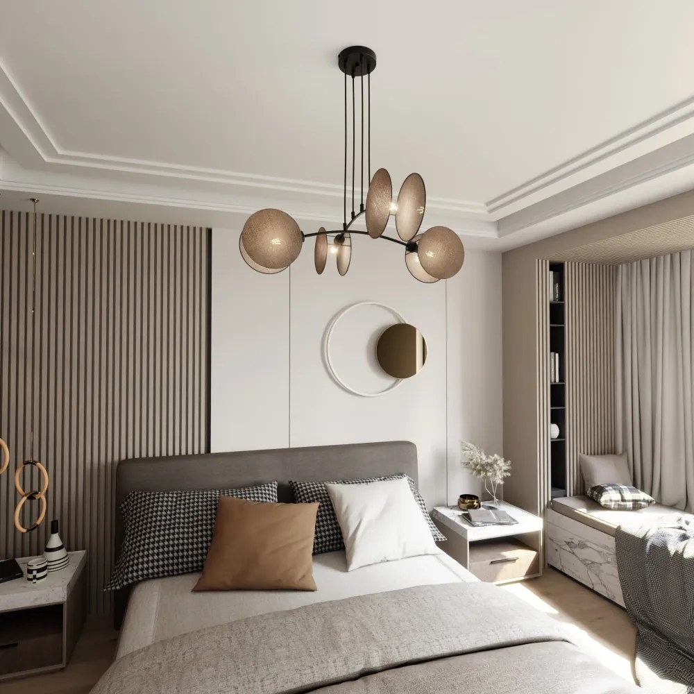 Lampadario a Sospensione MOTIF 4 in Acciaio e Tessuto 4xE27 Colore del corpo Rattan