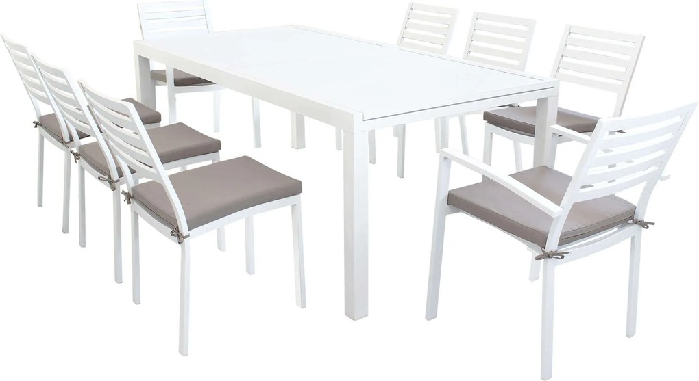 DEXTER - set tavolo in alluminio cm 200/300 x 100 x 74 h con 6 sedie e 2 poltrone Dexter