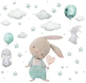 Adesivi Murali per Bambini - Coniglietti con Stelle nel Colore Menta | Inspio