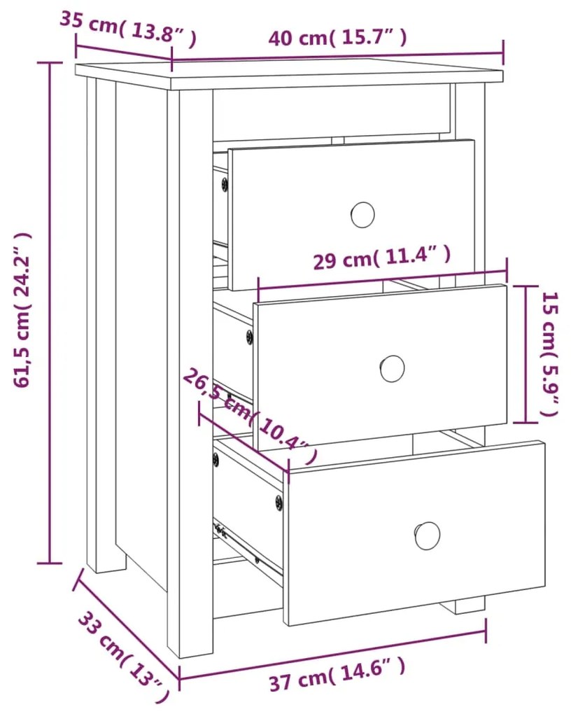 Comodino Nera 40x35x61,5 cm in Legno Massello di Pino