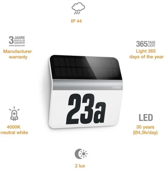 STEINEL 007140 - Numero civico solare LED XSolar LH-N LED/0,03W acciaio inossidabile IP44