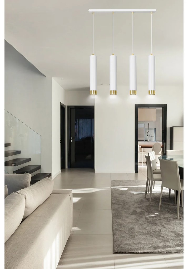 Lampadario 4 Luci Brunilde In Acciaio Bianco E Tubolari In Bianco E Oro