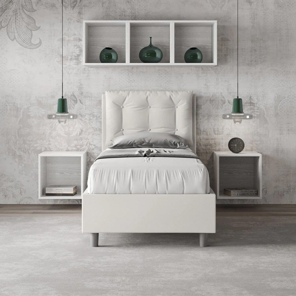 Letto singolo imbottito similpelle Annalisa senza rete, con rete, contenitore, Bianco / Contenitore