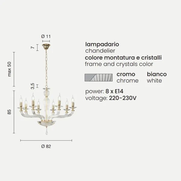 Lampadario a sospensione D82 cm VILLA a 8 luci in vetro lavorato a mano BIANCO