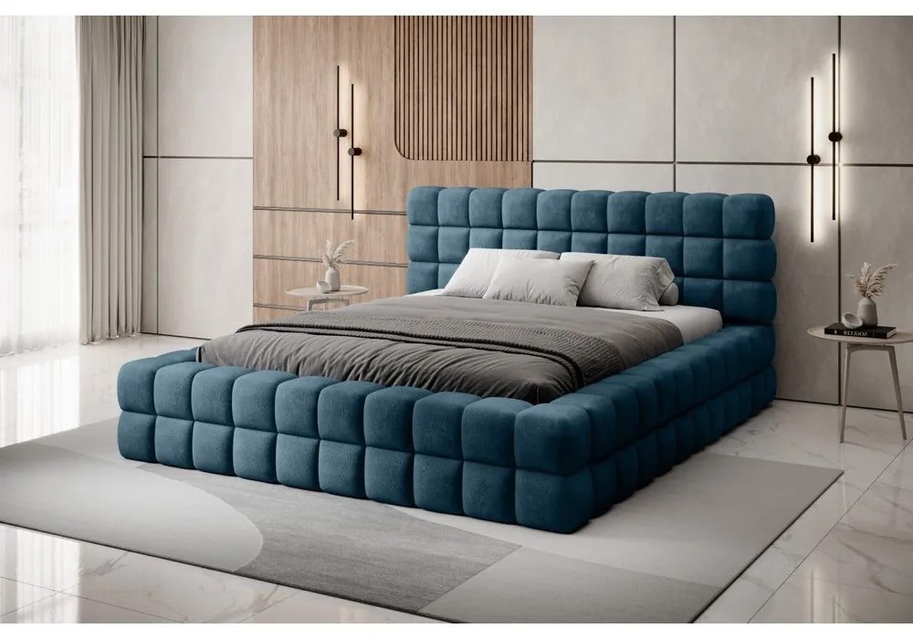 Letto matrimoniale imbottito blu con contenitore e rete inclusi 140x200 cm Dizzle – ELTAP