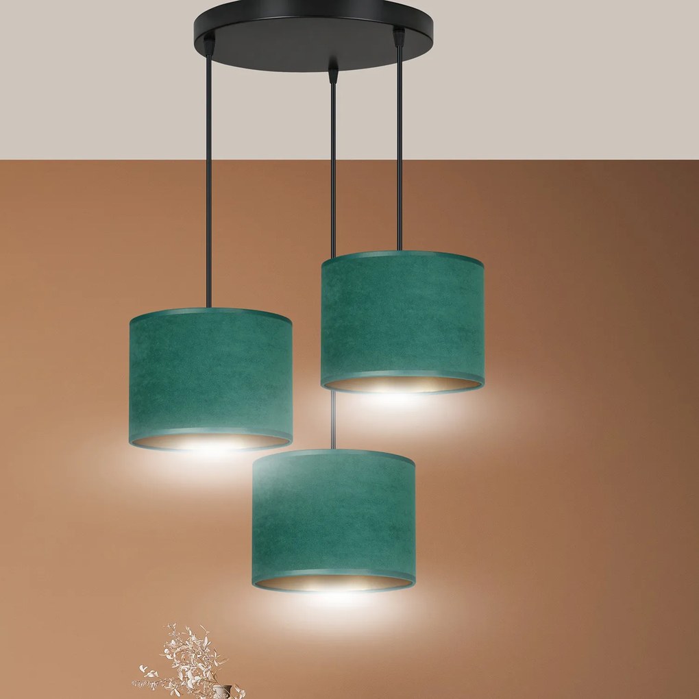 Lampadario Tondo 3 Luci Ganesha In Acciaio Nero E Paralumi In Tessuto Verde