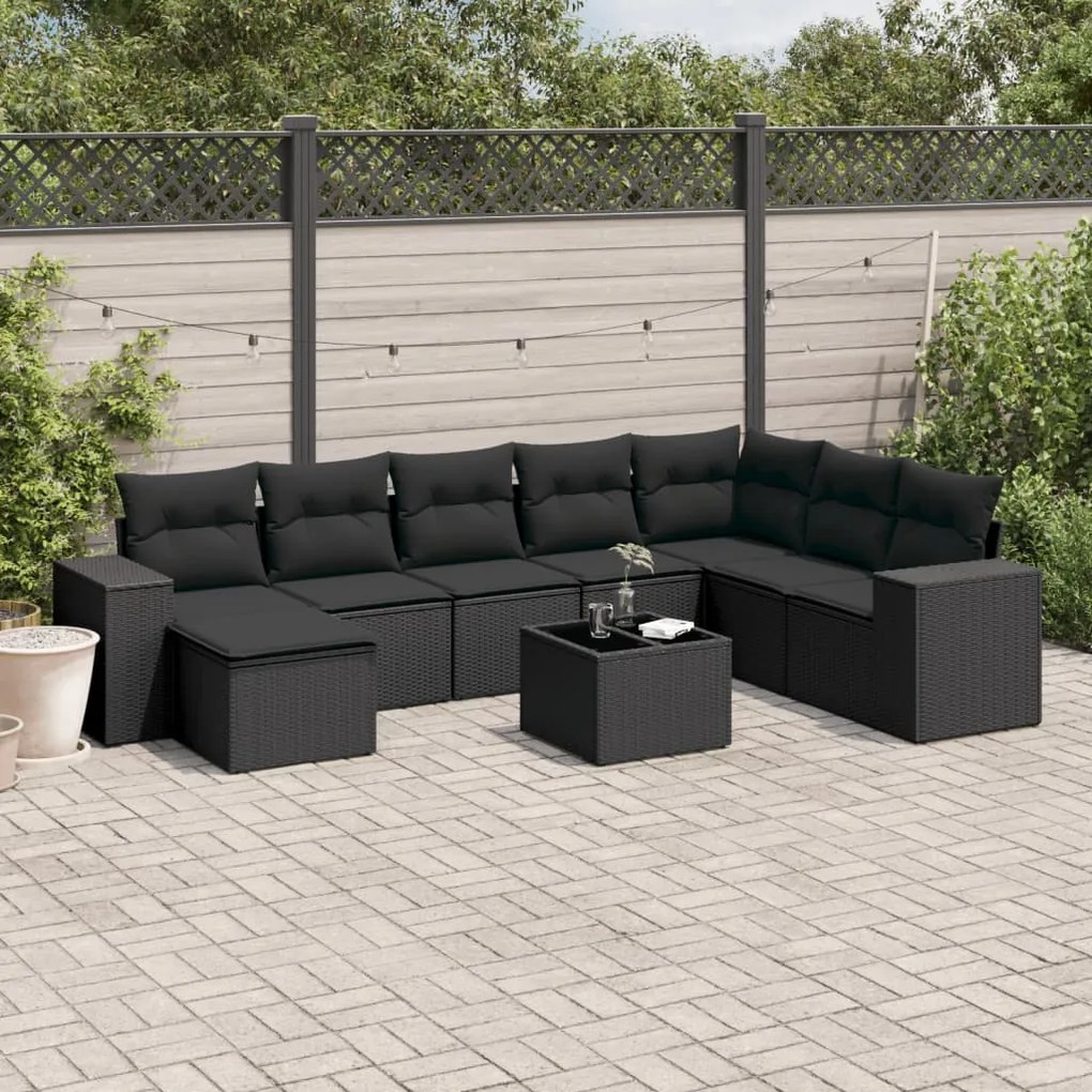 Set divani da giardino 9 pz con cuscini nero in polyrattan