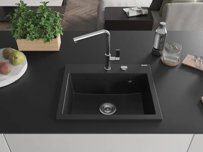 Mexen Oscar lavello da cucina in granito a 1 vasca 580 x 490 mm, nero, sifone cromato - 6519581000-77
