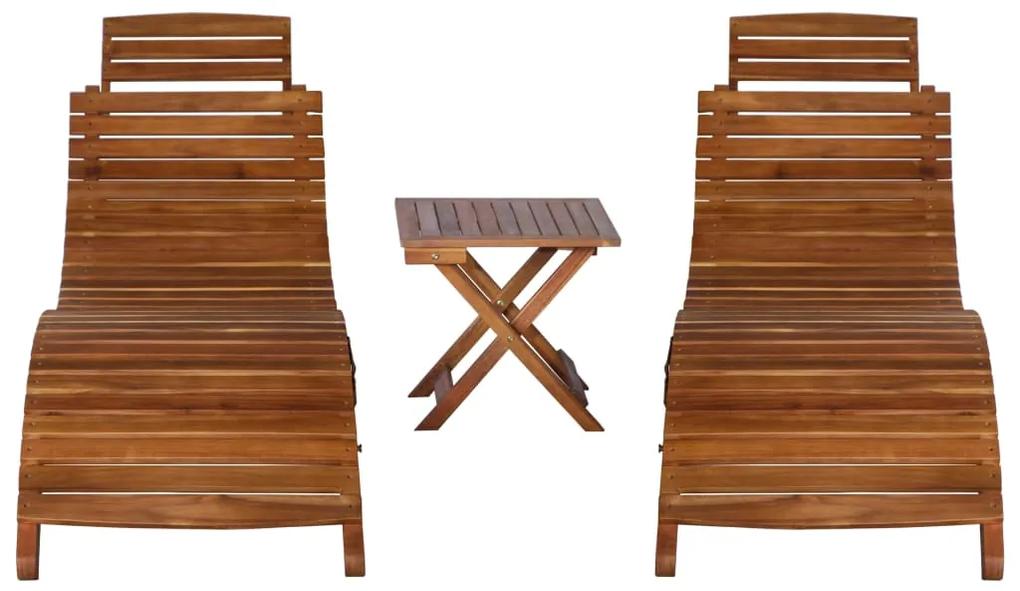 Lettino prendisole 3 pz con tavolino in legno massello d&#039;acacia