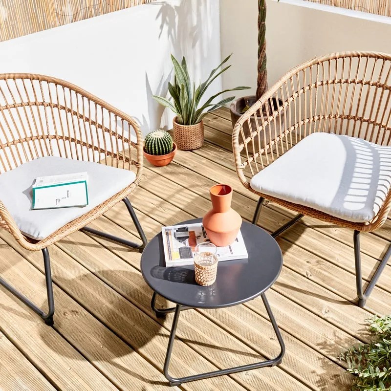 Poltrona da giardino con cuscino grigio e braccioli Timea Fix NATERIAL da 2 posti, struttura in acciaio marrone seduta in rattan sintetico marrone, L 70.5 x H 78.5 x P 67 cm, set da 2 pezzi