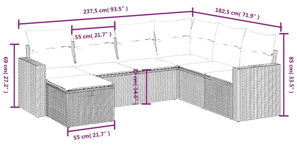 Set divani da giardino 7 pz con cuscini grigio in polyrattan