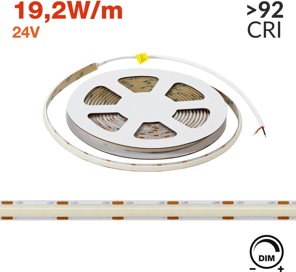 Striscia LED COB 24V 192W/m CRI>92 High Lumen Professionale IP20 - 5 metri