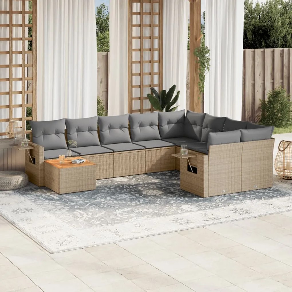 Set Divano da Giardino 10 pz con Cuscini Beige Misto Polyrattan